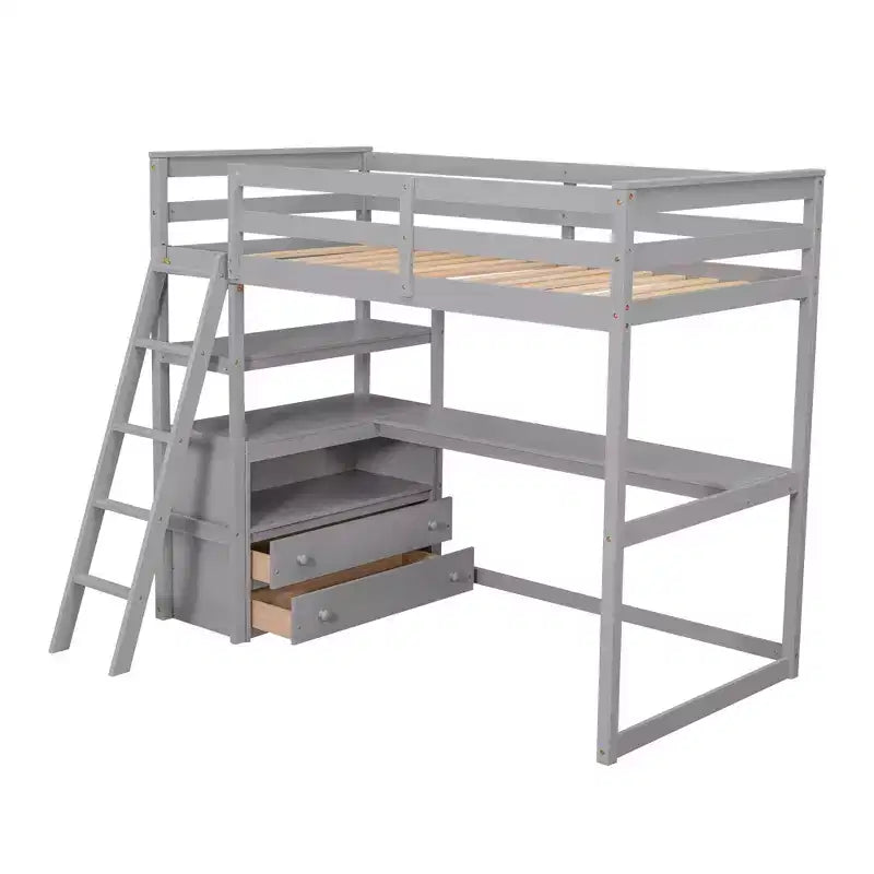 Cama alta de madera de 79.5''L*57.1''W con escritorio, estantes y dos cajones integrados, diseño multifuncional