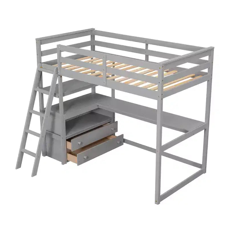 79.5''L*57.1''W Hochbett aus Holz mit Schreibtisch, Regalen und 2 integrierten Schubladen, multifunktionales Design