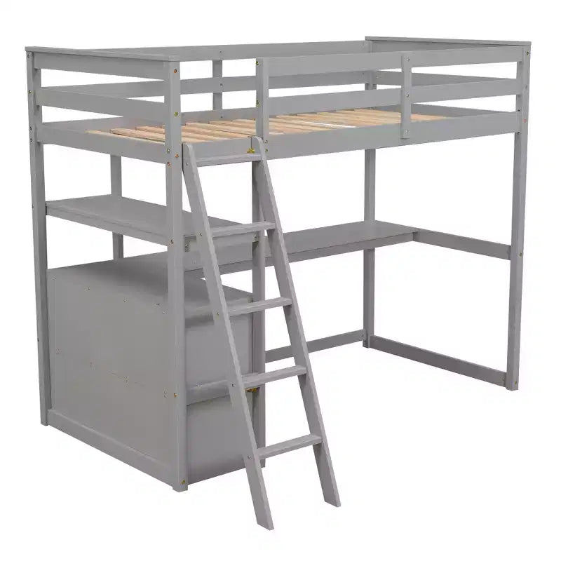 79.5''L*57.1''W Hochbett aus Holz mit Schreibtisch, Regalen und 2 integrierten Schubladen, multifunktionales Design