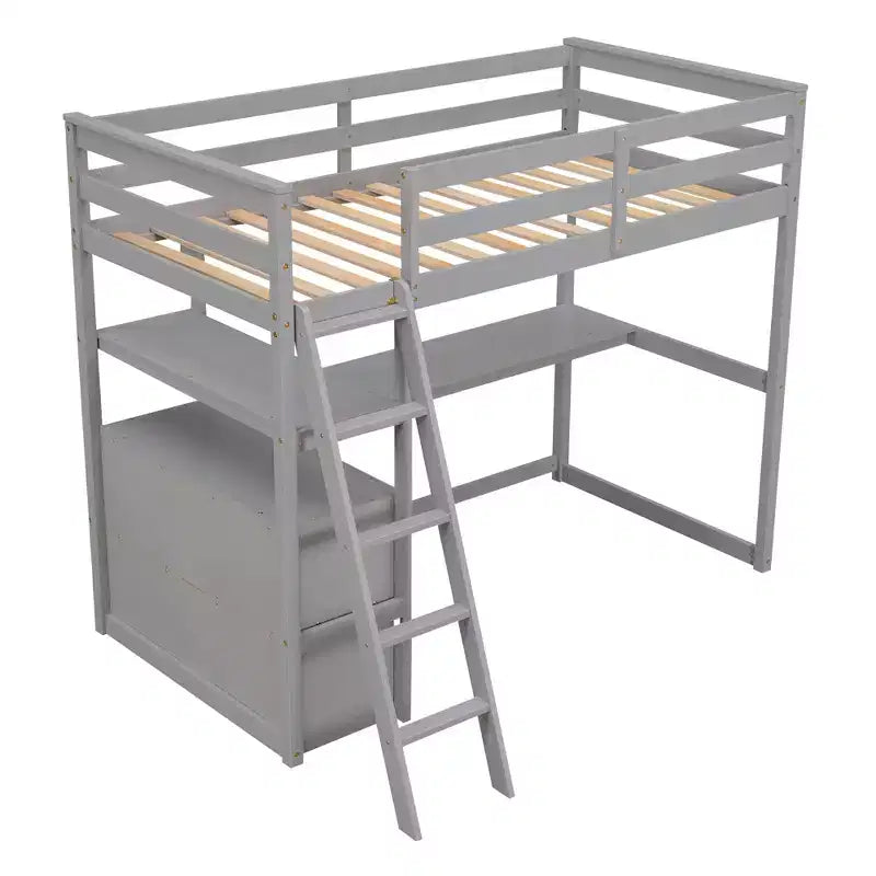 79.5''L*57.1''W Hochbett aus Holz mit Schreibtisch, Regalen und 2 integrierten Schubladen, multifunktionales Design