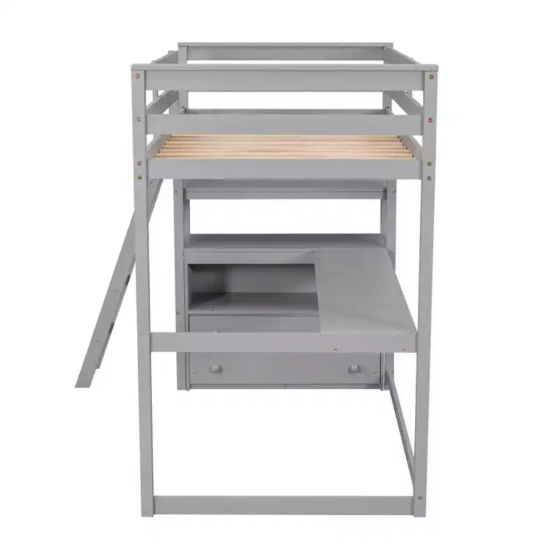 79.5''L*57.1''W Hochbett aus Holz mit Schreibtisch, Regalen und 2 integrierten Schubladen, multifunktionales Design