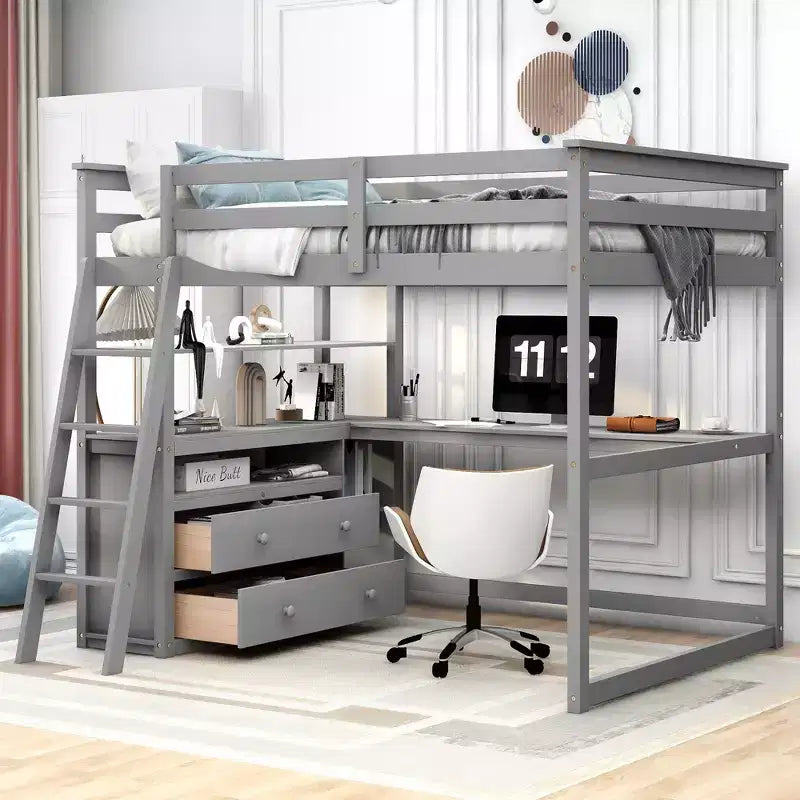 Cama alta de madera de 79.5''L*57.1''W con escritorio, estantes y dos cajones integrados, diseño multifuncional