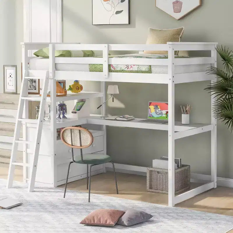 79.5''L*57.1''W Hochbett aus Holz mit Schreibtisch, Regalen und 2 integrierten Schubladen, multifunktionales Design