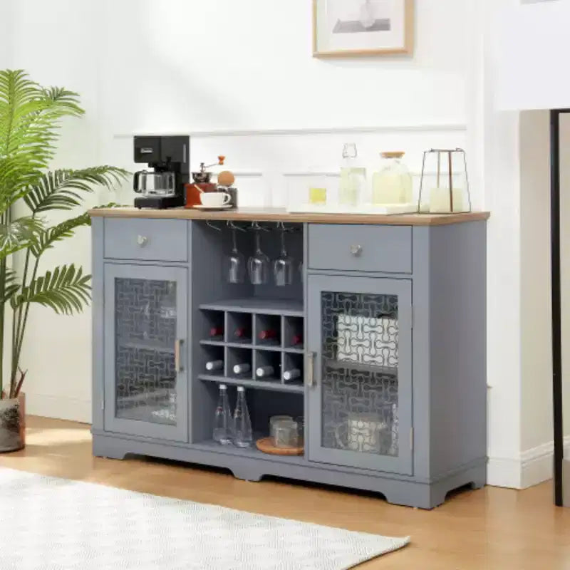 Buffet moderne de style campagnard, avec 2 tiroirs et des portes vitrées élégantes, porte-bouteilles et porte-verres, coin café pour la cuisine