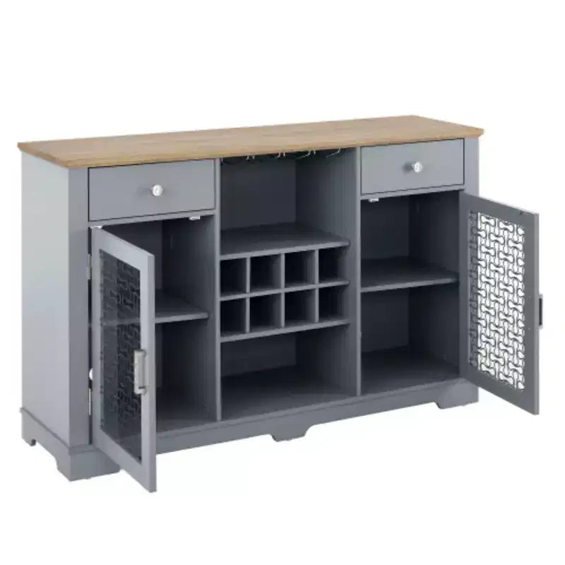Buffet moderne de style campagnard, avec 2 tiroirs et des portes vitrées élégantes, porte-bouteilles et porte-verres, coin café pour la cuisine