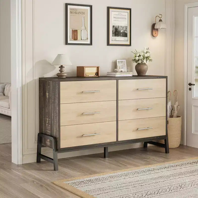 Kommode mit 6 Schubladen fürs Schlafzimmer, 52 breit, breite Kommode mit Schubladen und freistehendem Stauraum, Kommode aus Holz für Kleidung und Stauraum im Schlafzimmer