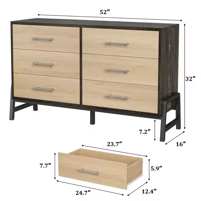 Kommode mit 6 Schubladen fürs Schlafzimmer, 52 breit, breite Kommode mit Schubladen und freistehendem Stauraum, Kommode aus Holz für Kleidung und Stauraum im Schlafzimmer