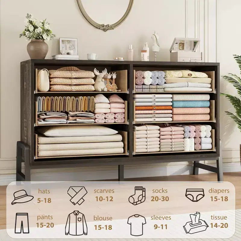 Kommode mit 6 Schubladen fürs Schlafzimmer, 52 breit, breite Kommode mit Schubladen und freistehendem Stauraum, Kommode aus Holz für Kleidung und Stauraum im Schlafzimmer