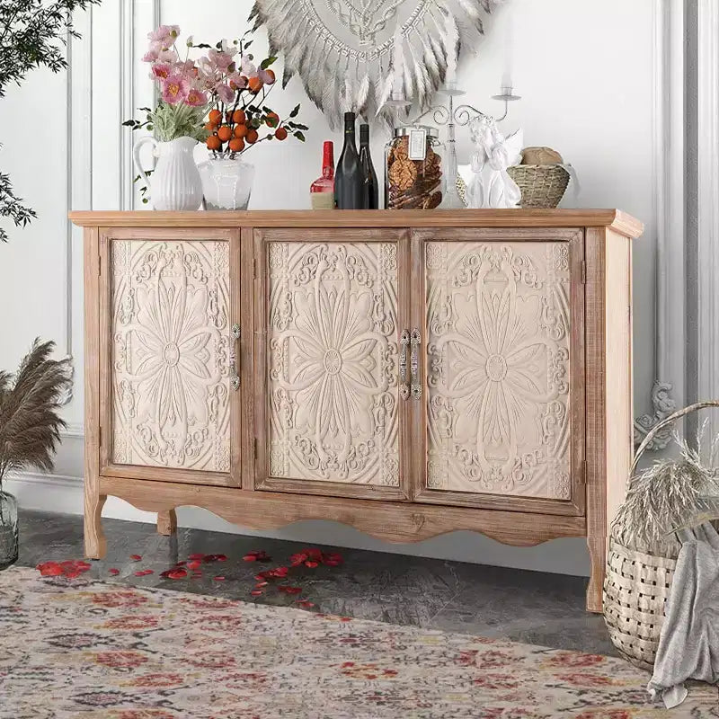 Meuble d’appoint rustique avec 3 portes sculptées, buffet vintage avec étagères