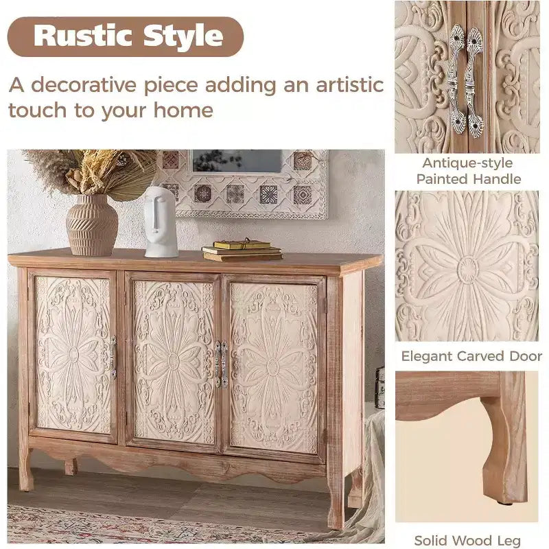 Meuble d’appoint rustique avec 3 portes sculptées, buffet vintage avec étagères