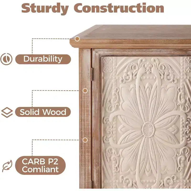 Meuble d’appoint rustique avec 3 portes sculptées, buffet vintage avec étagères