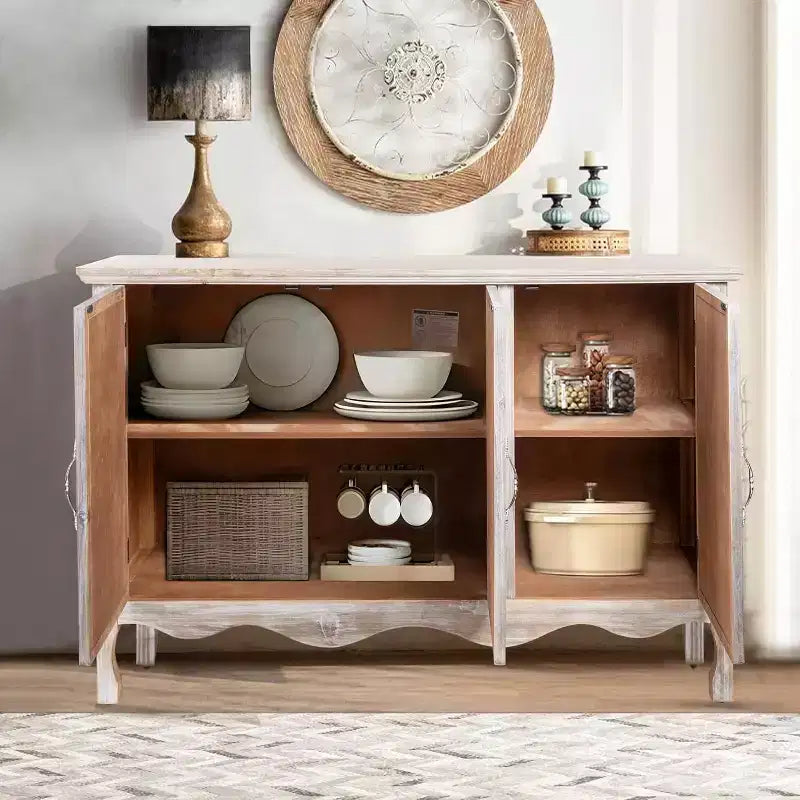 Meuble d’appoint rustique avec 3 portes sculptées, buffet vintage avec étagères