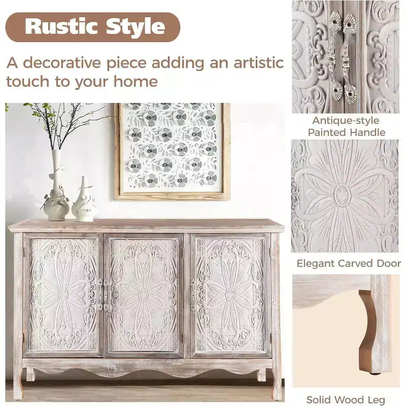 Meuble d’appoint rustique avec 3 portes sculptées, buffet vintage avec étagères