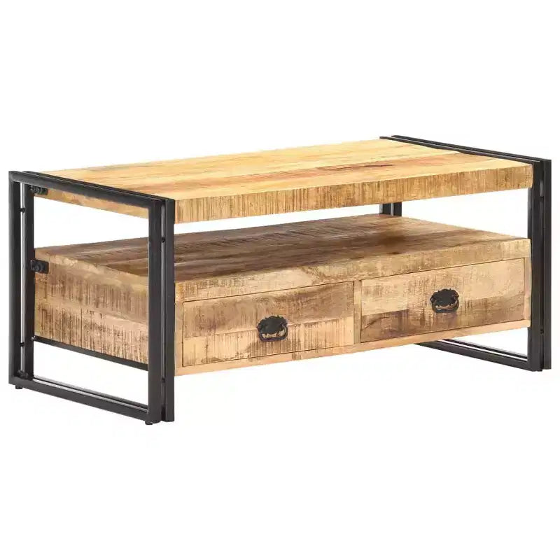 Mesa de centro de acacia maciza marrón y negra, acero con recubrimiento en polvo