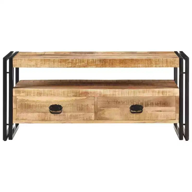 Mesa de centro de acacia maciza marrón y negra, acero con recubrimiento en polvo