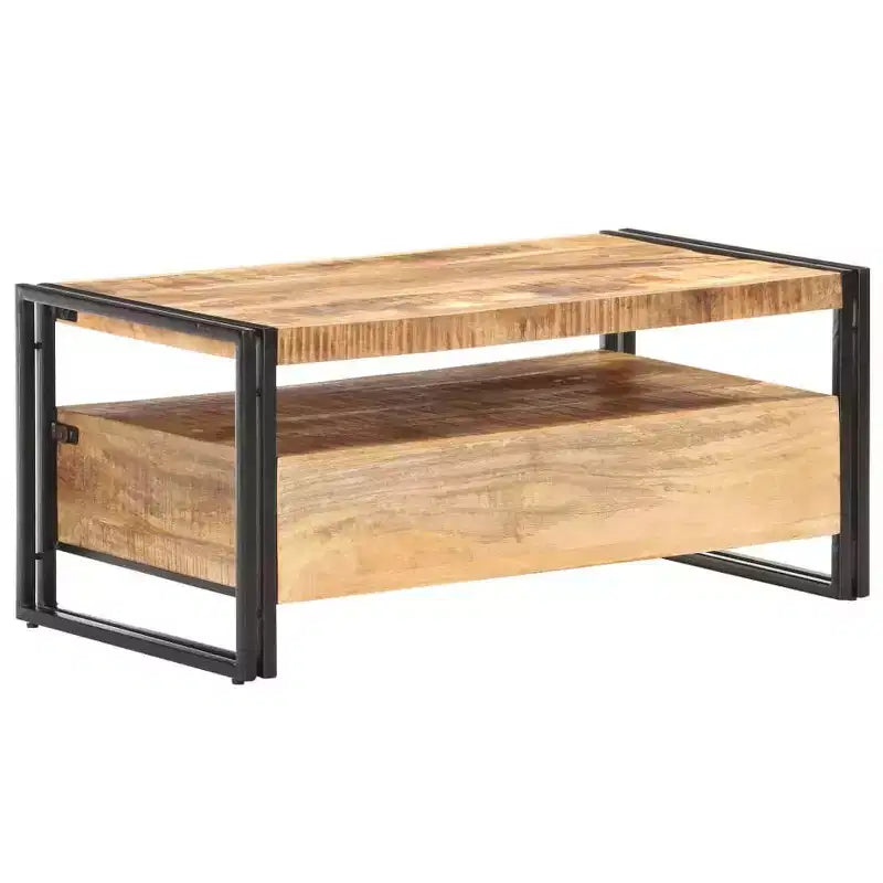 Mesa de centro de acacia maciza marrón y negra, acero con recubrimiento en polvo