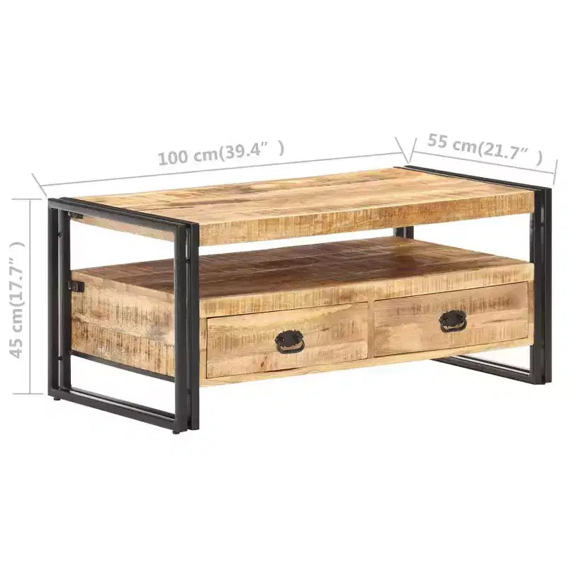 Mesa de centro de acacia maciza marrón y negra, acero con recubrimiento en polvo