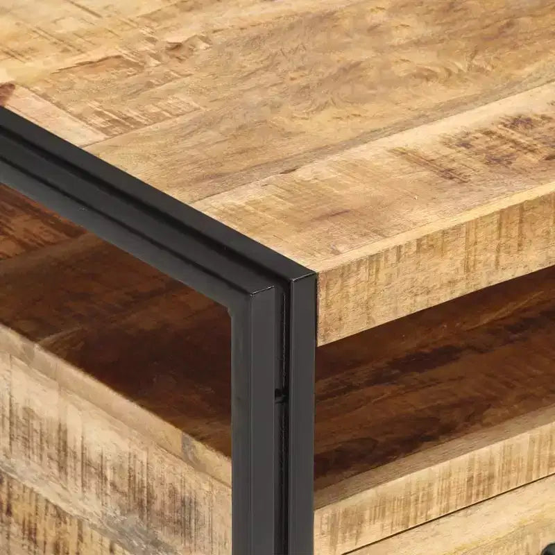 Mesa de centro de acacia maciza marrón y negra, acero con recubrimiento en polvo