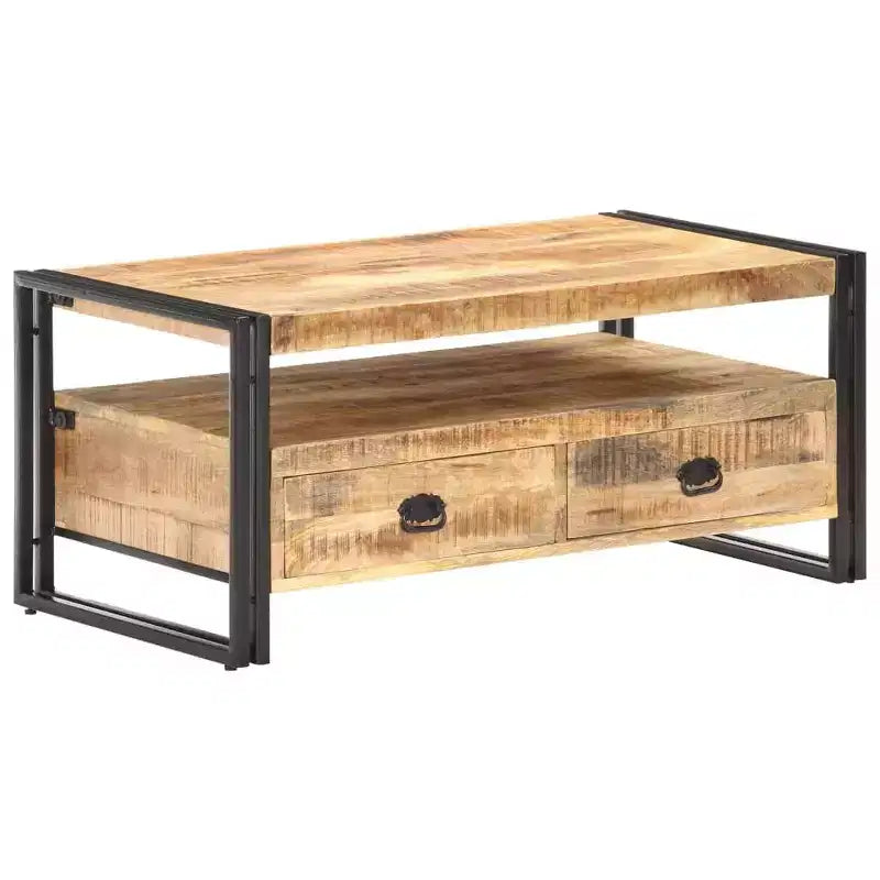 Mesa de centro de acacia maciza marrón y negra, acero con recubrimiento en polvo