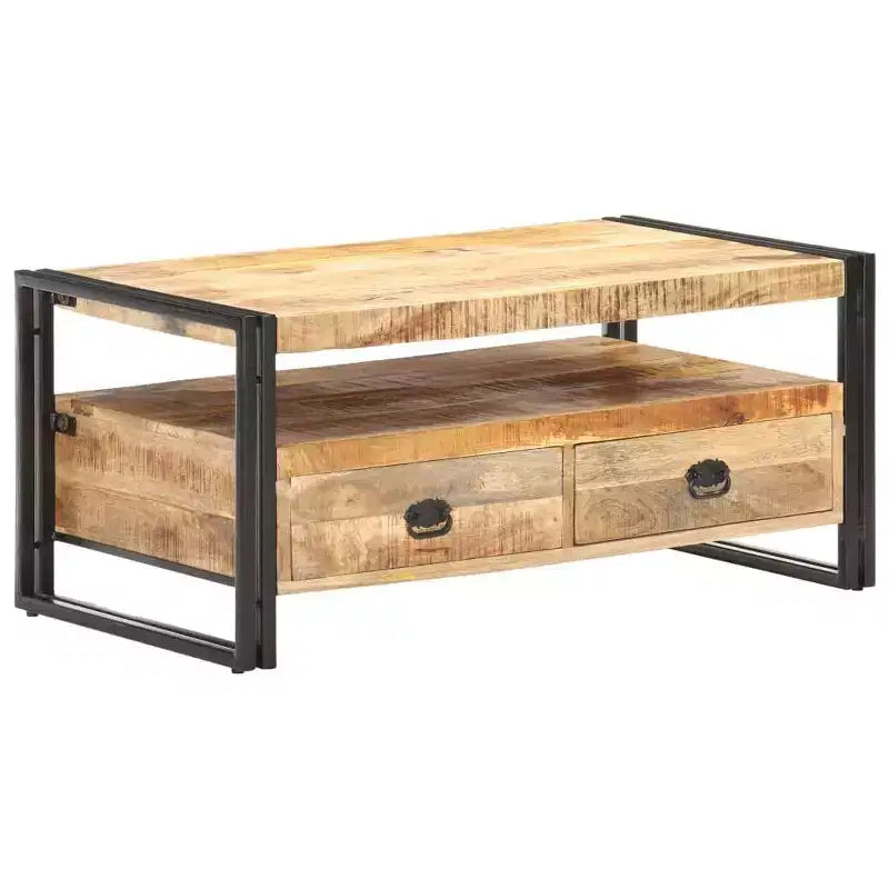 Mesa de centro de acacia maciza marrón y negra, acero con recubrimiento en polvo