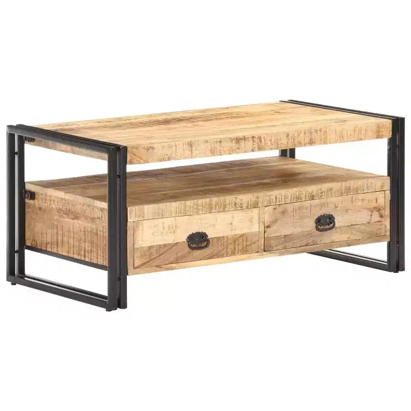 Mesa de centro de acacia maciza marrón y negra, acero con recubrimiento en polvo