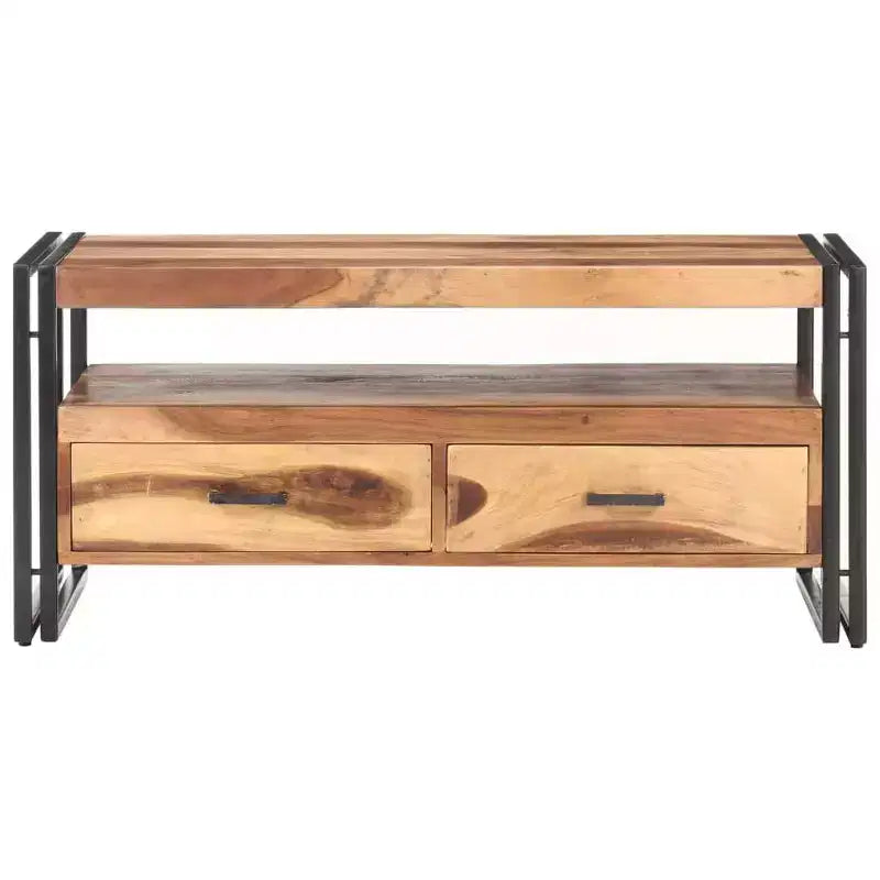 Mesa de centro de acacia maciza marrón y negra, acero con recubrimiento en polvo