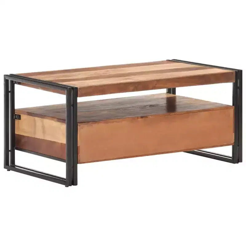 Mesa de centro de acacia maciza marrón y negra, acero con recubrimiento en polvo