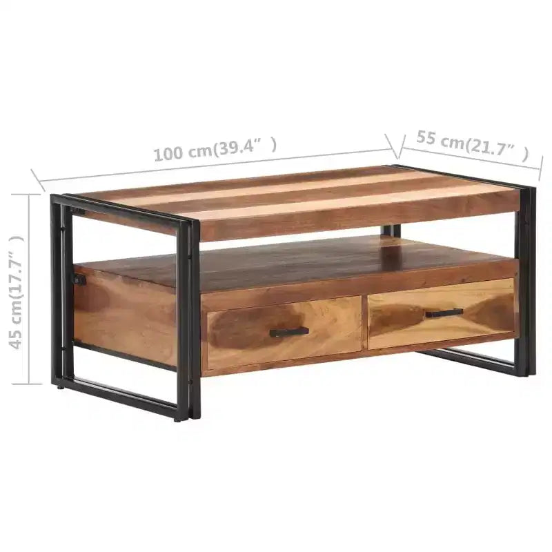 Mesa de centro de acacia maciza marrón y negra, acero con recubrimiento en polvo