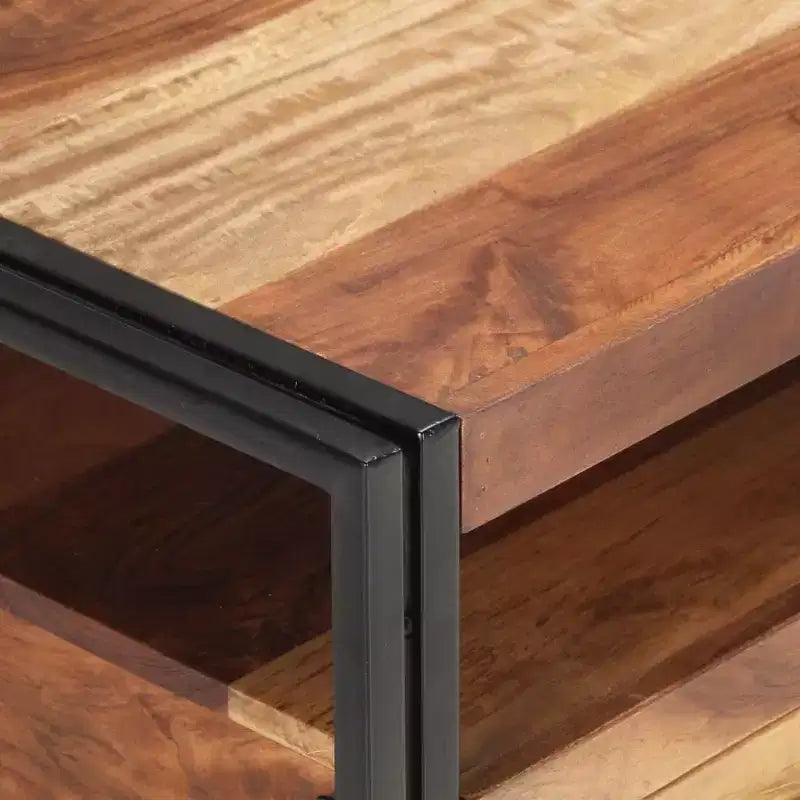 Mesa de centro de acacia maciza marrón y negra, acero con recubrimiento en polvo