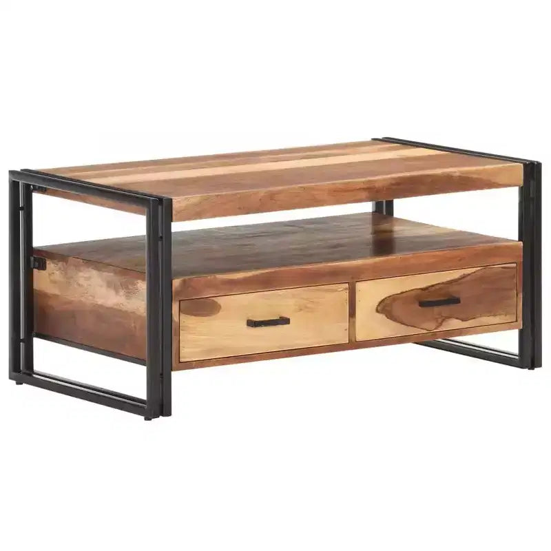 Mesa de centro de acacia maciza marrón y negra, acero con recubrimiento en polvo