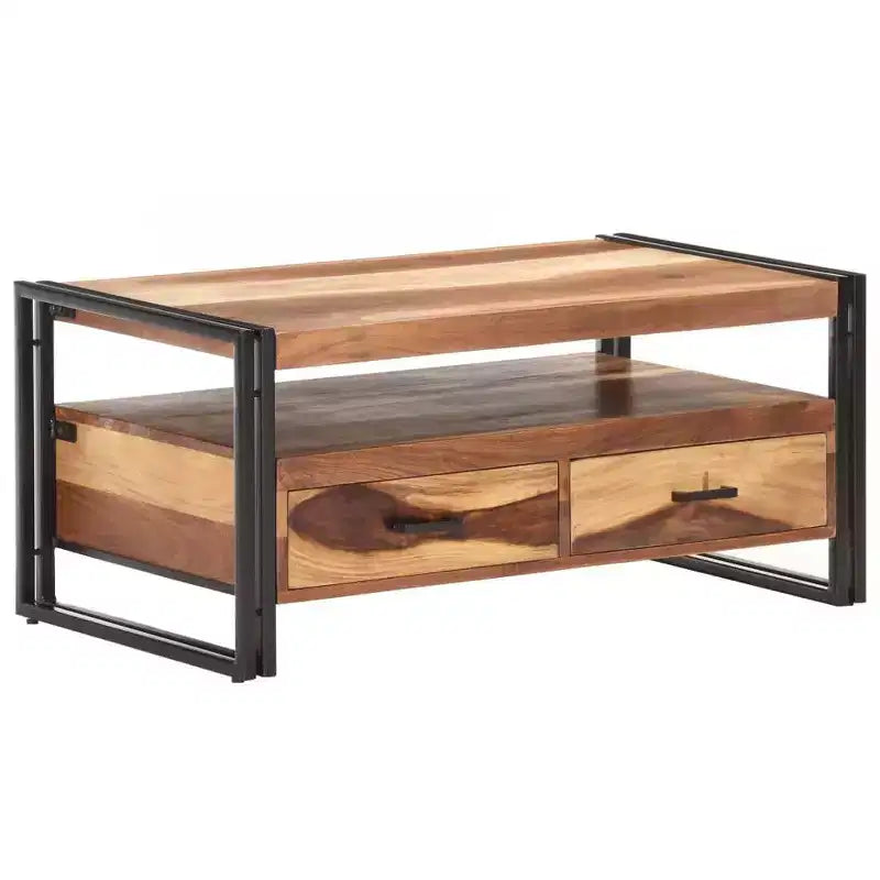 Mesa de centro de acacia maciza marrón y negra, acero con recubrimiento en polvo