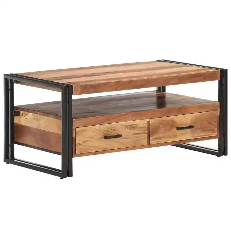 Mesa de centro de acacia maciza marrón y negra, acero con recubrimiento en polvo