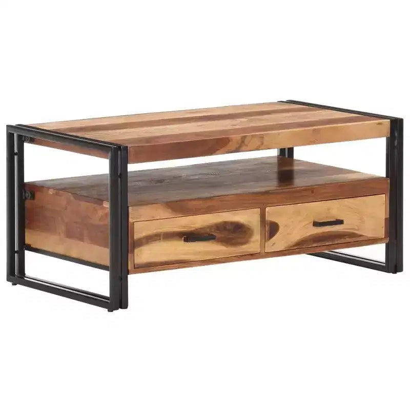 Mesa de centro de acacia maciza marrón y negra, acero con recubrimiento en polvo
