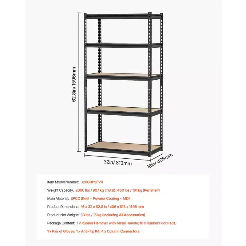 Lagerregale, 2000lbs, 5-stöckiges Garagenregal, verstellbare Metallregale mit 16Dx32Wx62.8H für Garage, Mehrzweckregal, Schwarz