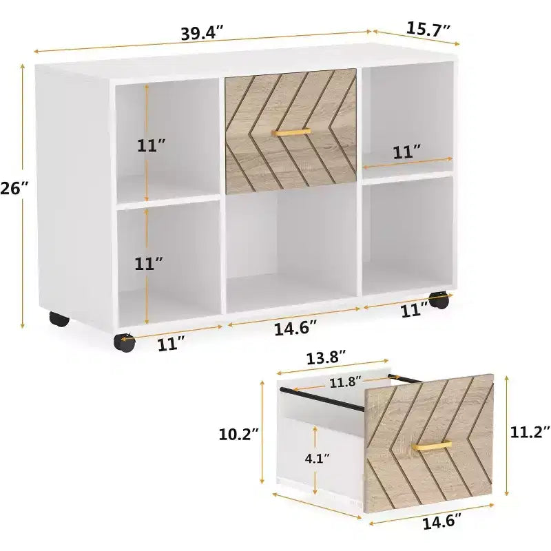 Aktenschrank mit 2 Schubladen, großer mobiler seitlicher Aktenschrank für Briefpapierformat mit Druckerständer und Rollen fürs Homeoffice, Weiß