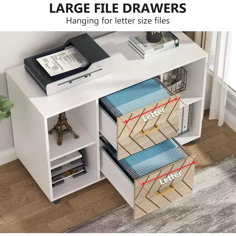 Aktenschrank mit 2 Schubladen, großer mobiler seitlicher Aktenschrank für Briefpapierformat mit Druckerständer und Rollen fürs Homeoffice, Weiß
