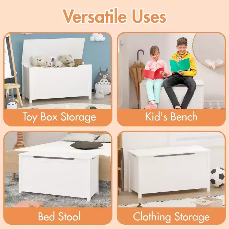 Baúl de madera para guardar juguetes infantiles con tapa abatible de seguridad, para niños de 2 años en adelante (blanco)
