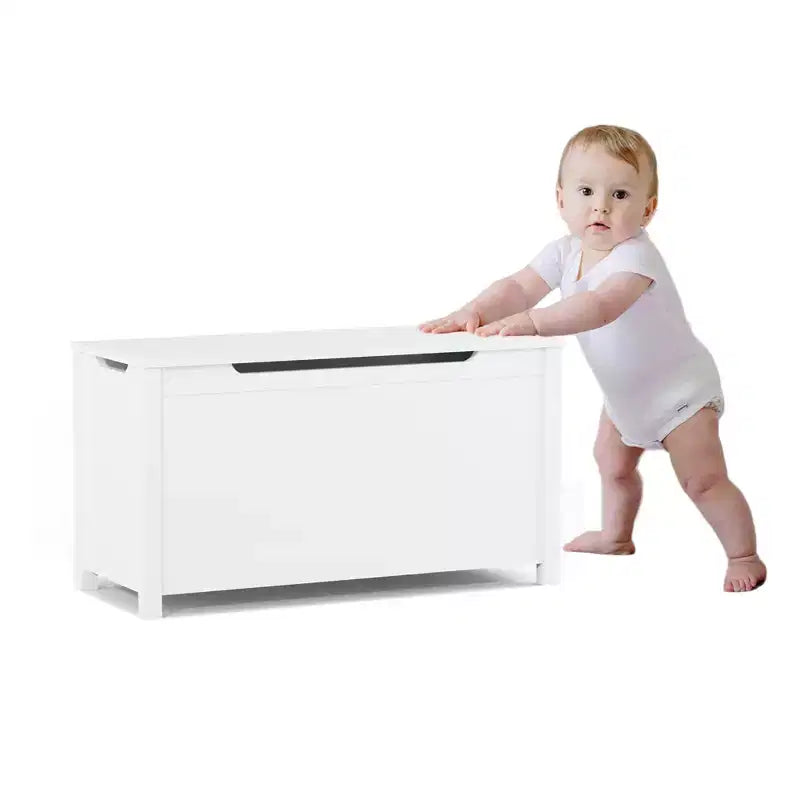 Baúl de madera para guardar juguetes infantiles con tapa abatible de seguridad, para niños de 2 años en adelante (blanco)
