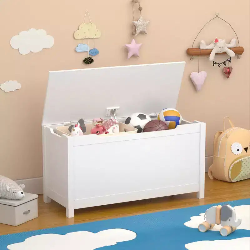 Holz-Spielzeugkiste für Kinder mit sicherem Klappdeckel, ab 2 Jahren (Weiß)