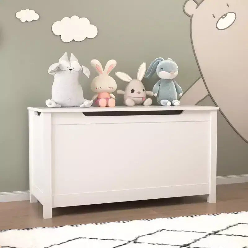 Baúl de madera para guardar juguetes infantiles con tapa abatible de seguridad, para niños de 2 años en adelante (blanco)