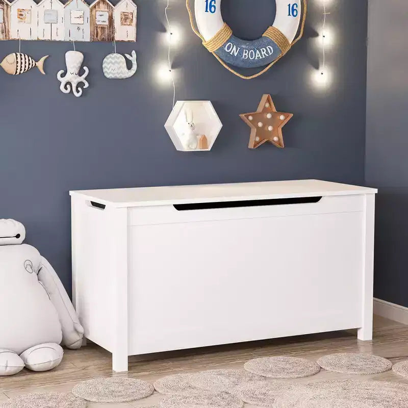 Baúl de madera para guardar juguetes infantiles con tapa abatible de seguridad, para niños de 2 años en adelante (blanco)