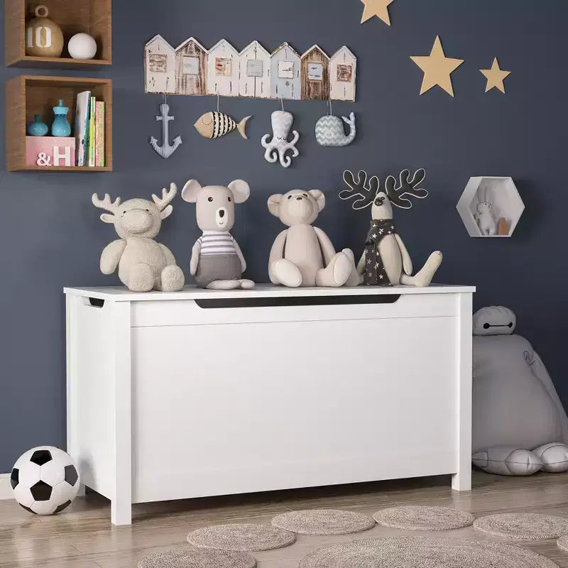 Baúl de madera para guardar juguetes infantiles con tapa abatible de seguridad, para niños de 2 años en adelante (blanco)