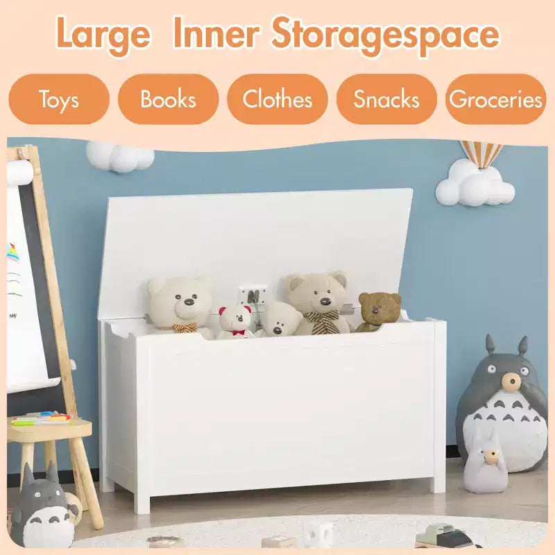 Baúl de madera para guardar juguetes infantiles con tapa abatible de seguridad, para niños de 2 años en adelante (blanco)