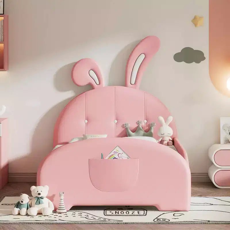 Cama individual tapizada con forma de conejo para princesa, con cabecera y pie de cama, rosa