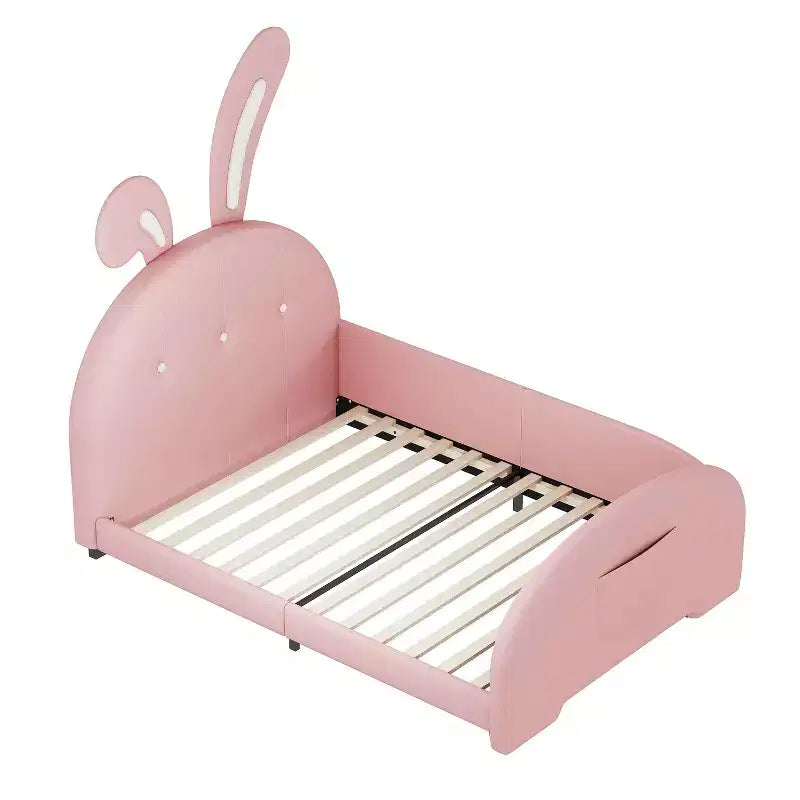 Cama individual tapizada con forma de conejo para princesa, con cabecera y pie de cama, rosa