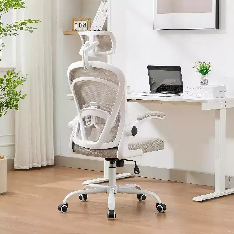 Silla de oficina ergonómica con reposabrazos abatibles, asiento ancho de malla y soporte lumbar, silla para escritorio de computadora, ideal para el dormitorio o el estudio