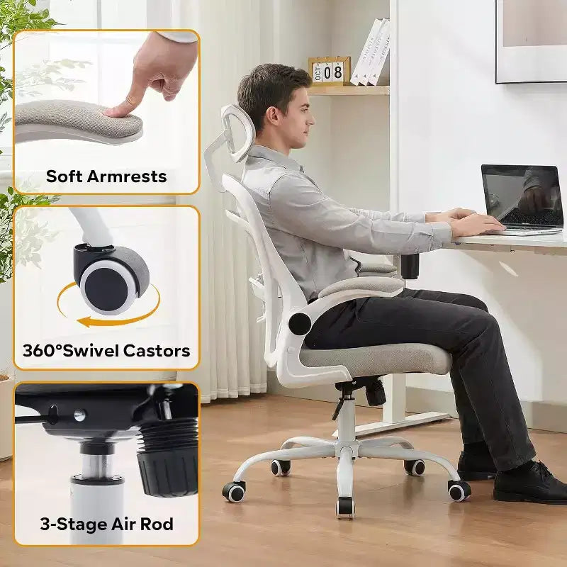 Silla de oficina ergonómica con reposabrazos abatibles, asiento ancho de malla y soporte lumbar, silla para escritorio de computadora, ideal para el dormitorio o el estudio
