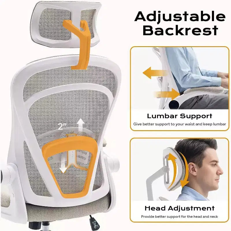 Silla de oficina ergonómica con reposabrazos abatibles, asiento ancho de malla y soporte lumbar, silla para escritorio de computadora, ideal para el dormitorio o el estudio