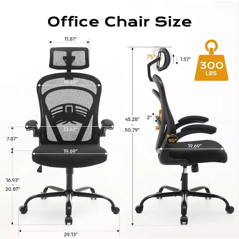 Silla de oficina ergonómica con reposabrazos abatibles, asiento ancho de malla y soporte lumbar, silla para escritorio de computadora, ideal para el dormitorio o el estudio