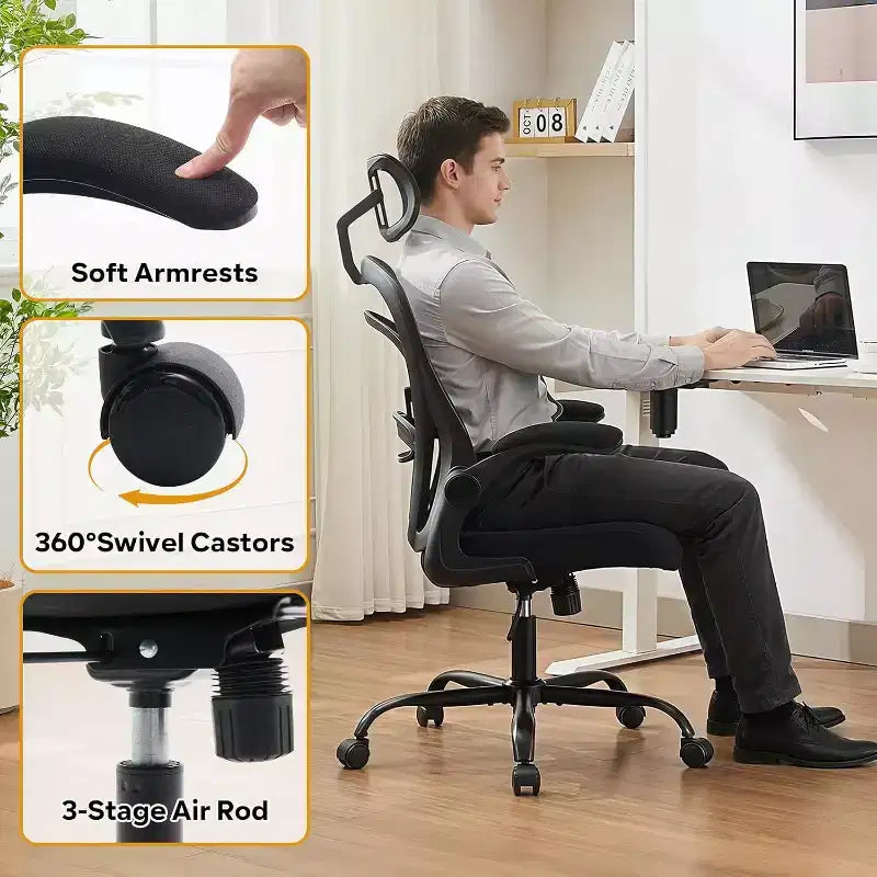 Ergonomischer Bürostuhl mit hochklappbaren Armlehnen, breiter Netzsitzfläche und Lendenstütze, Schreibtischstuhl für Schlafzimmer oder Arbeitszimmer